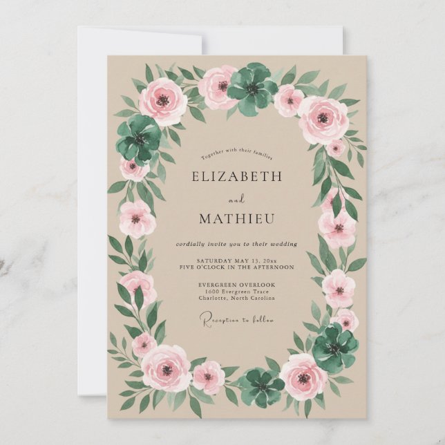 Invitation Couronne de fleurs mariage Rose Poussiéreuse (Devant)