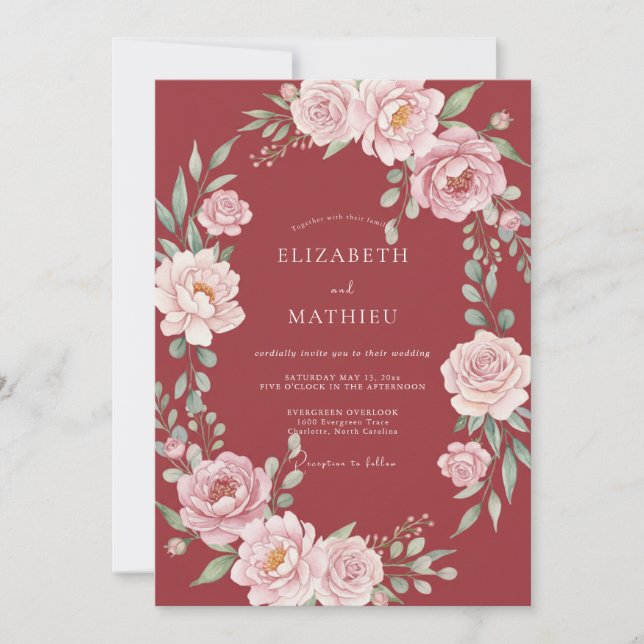 Invitation Couronne de fleurs mariage rouge profond (Devant)