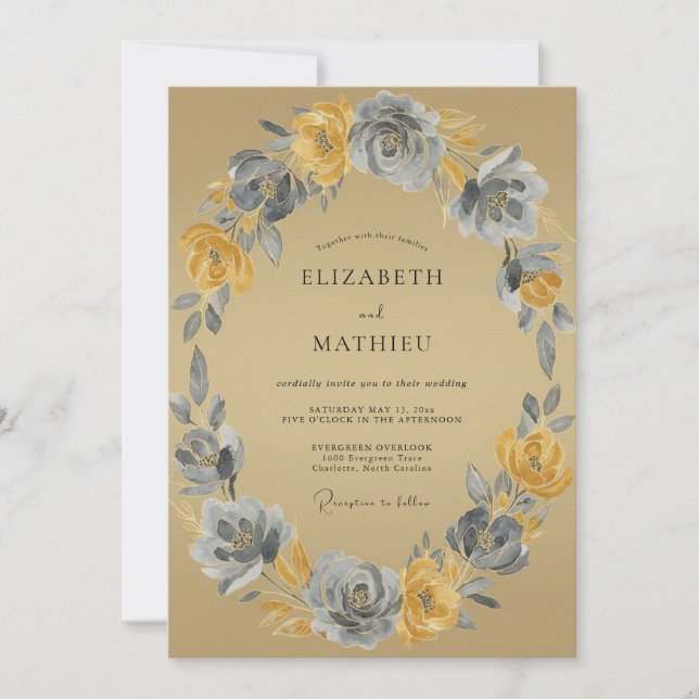 Invitation Couronne de fleurs ocres pour mariage (Devant)