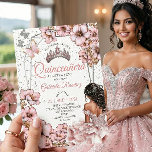 Invitation Couronne de Fleurs Papillon Quinceañera Argent Ros