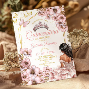 Invitation Couronne de Fleurs Papillon Quinceañera Tiara Doré