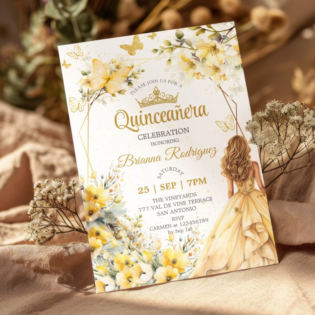 Invitation Couronne de fleurs papillon Tiara Doré Jaune Quinc (Créateur téléchargé)