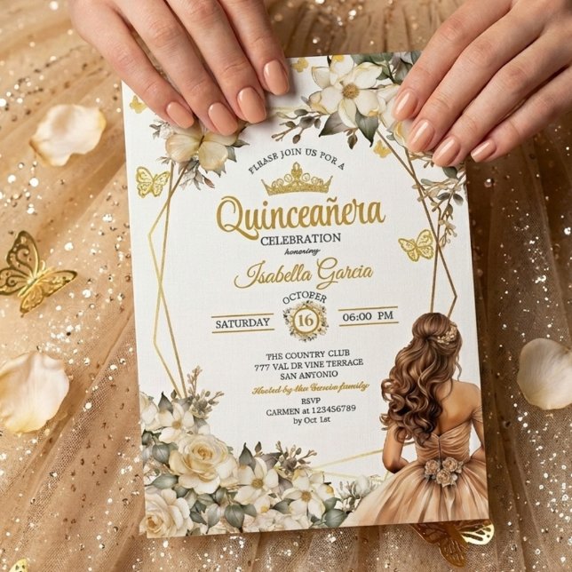 Invitation Couronne de fleurs papillon Tiara doré Quinceañera (Créateur téléchargé)