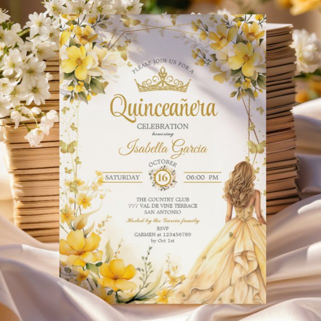Invitation Couronne de fleurs papillons jaune doré pour Quinc (Créateur téléchargé)