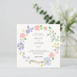 Invitation Couronne de fleurs pastel avec papillons mariage