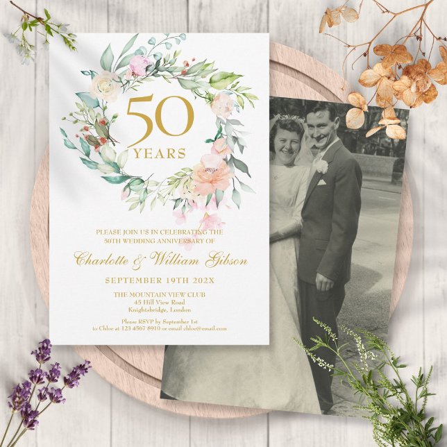 Invitation Couronne de fleurs pour photo de mariage 50e anniv (Créateur téléchargé)