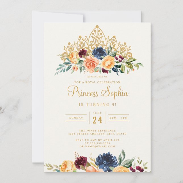Invitation Couronne de fleurs Princesse Navy Bourgogne Annive (Devant)