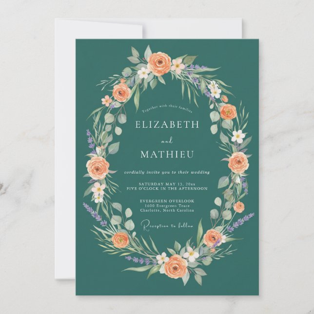 Invitation Couronne de Fleurs Romance Mariage Sarcelle (Devant)