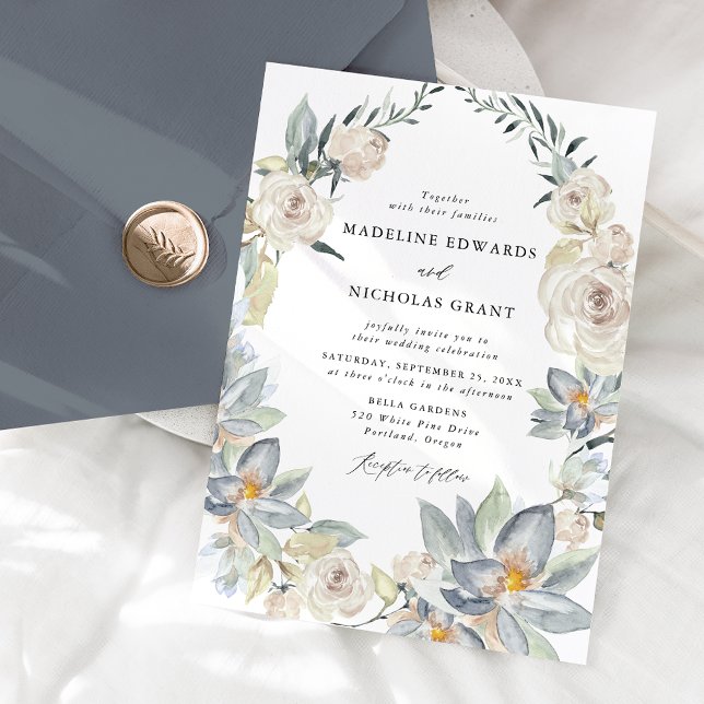 Invitation Couronne de fleurs romantique aquarelle blanche po (Créateur téléchargé)