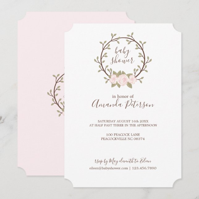 Invitation Couronne de fleurs rose adorable pour Baby Shower (Devant / Derrière)