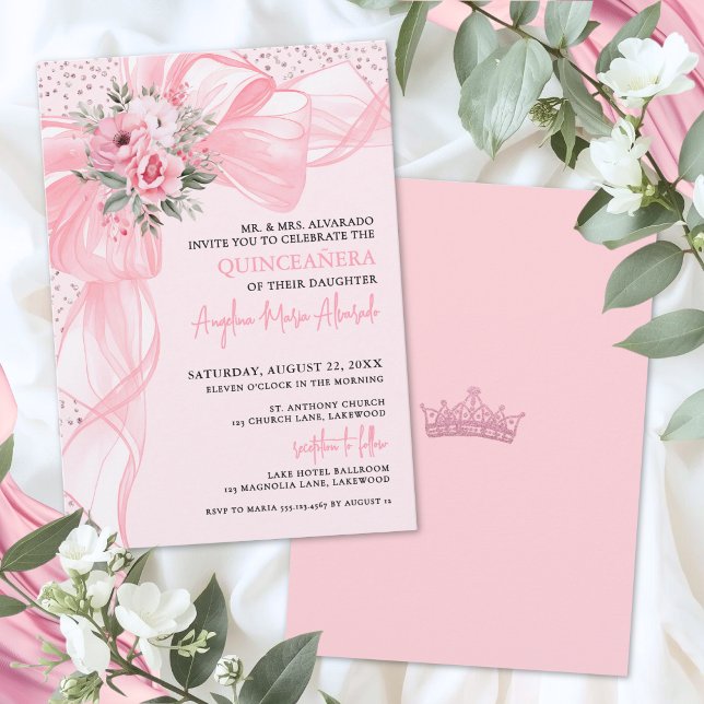 Invitation Couronne de Fleurs Rose Blush pour Quinceanera (Blush Pink Bow Quinceanera Invitation)