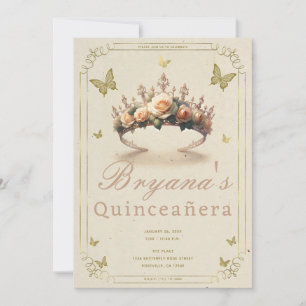 Invitation Couronne de fleurs rose et papillons dorés Quincea