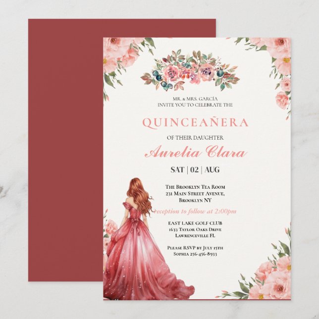 Invitation Couronne de fleurs rose pâle papillon pour Quincea (Devant / Derrière)