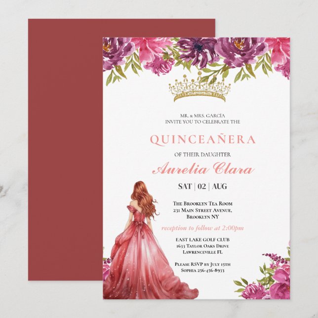 Invitation Couronne de fleurs rose pâle papillon pour Quincea (Devant / Derrière)