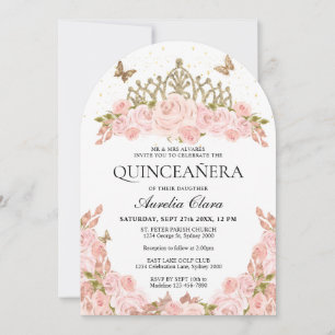 Invitation Couronne de fleurs rose poudré orée pour Quinceane