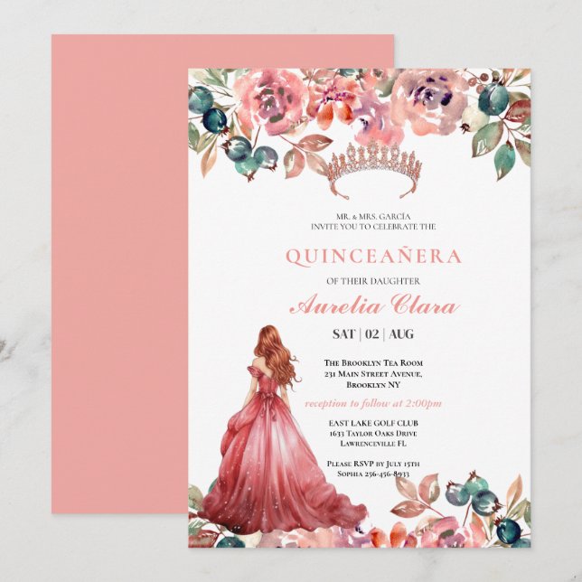 Invitation Couronne de fleurs rose poudrée papillon Quinceañe (Devant / Derrière)