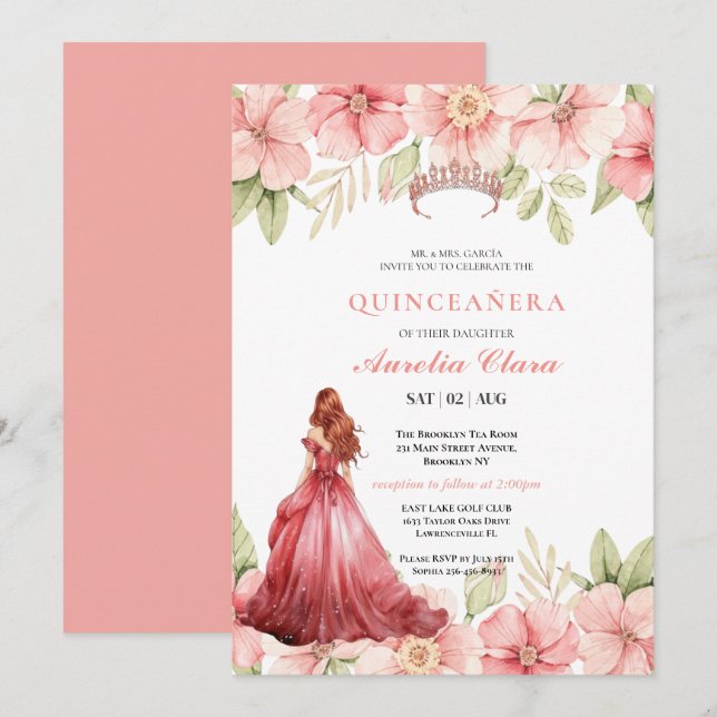 Invitation Couronne de fleurs rose poudrée papillon Quinceañe (Devant / Derrière)