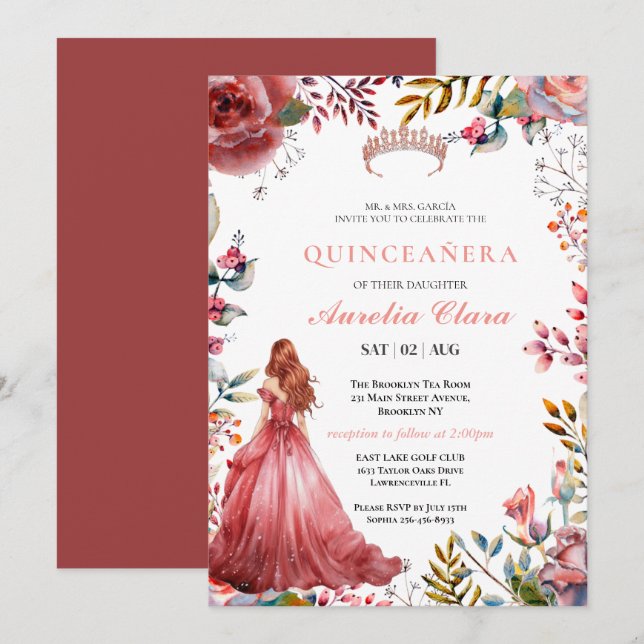 Invitation Couronne de fleurs rose poudrée papillon Quinceañe (Devant / Derrière)
