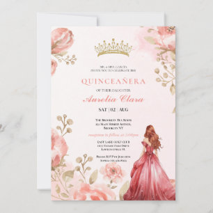 Invitation Couronne de fleurs rose poudrée papillon Quinceañe