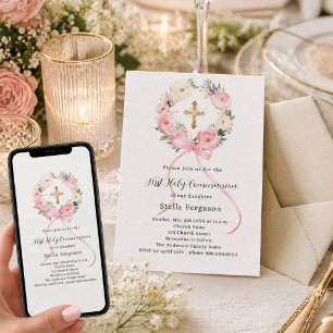Invitation Couronne de fleurs roses avec noeud, croix, fille,