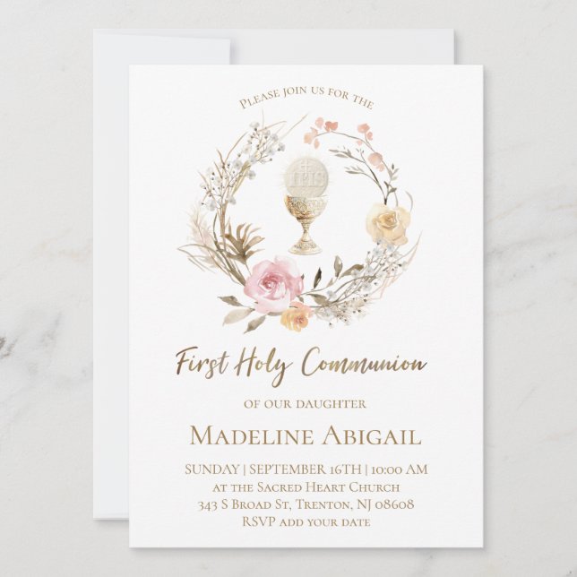 Invitation couronne de fleurs roses beige Première Communion (Devant)
