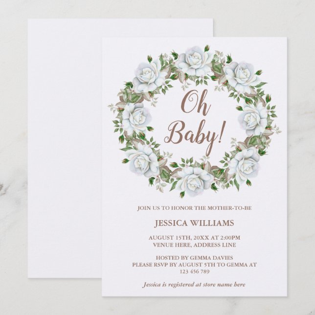 Invitation Couronne de fleurs Roses Blanches Élégantes Baby S (Devant / Derrière)