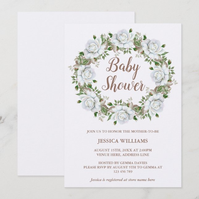 Invitation Couronne de fleurs Roses Blanches Élégantes Baby S (Devant / Derrière)