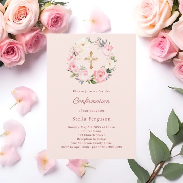 Invitation Couronne de fleurs roses croix Confirmation (Créateur téléchargé)