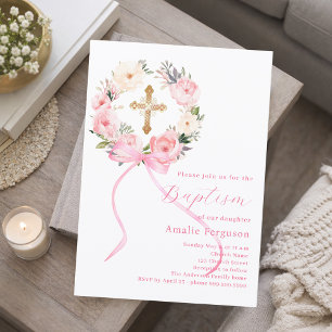 Invitation Couronne de fleurs roses et arc pour fille baptême