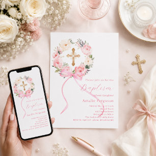 Invitation Couronne de fleurs roses et arc pour fille baptême
