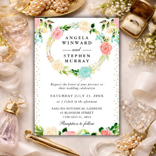 Invitation Couronne de fleurs roses et menthe pour mariage