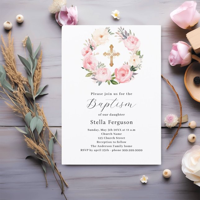 Invitation Couronne de fleurs roses pour la croix de baptême  (Créateur téléchargé)