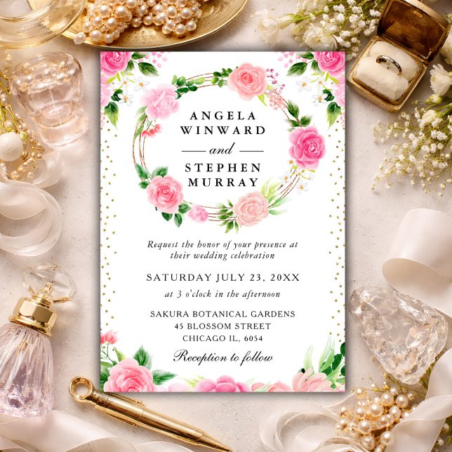 Invitation Couronne de fleurs Roses roses Mariage (Créateur téléchargé)