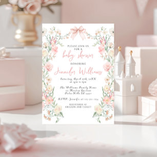 Invitation Couronne de fleurs roses ruban papillon Baby Girl