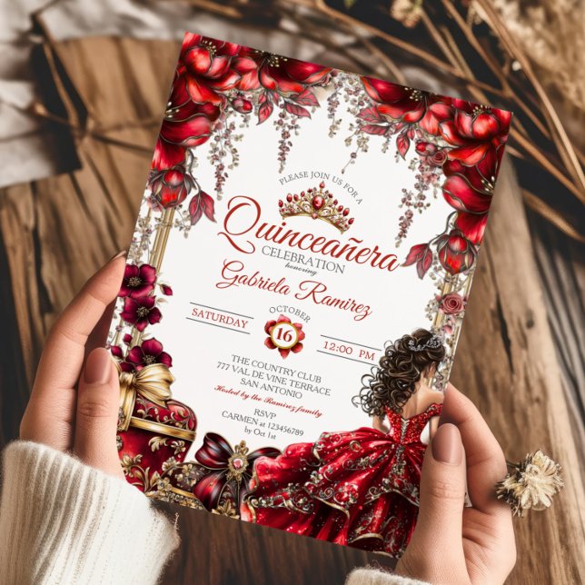 Invitation Couronne de fleurs Rouge Dorée Quinceañera (Créateur téléchargé)