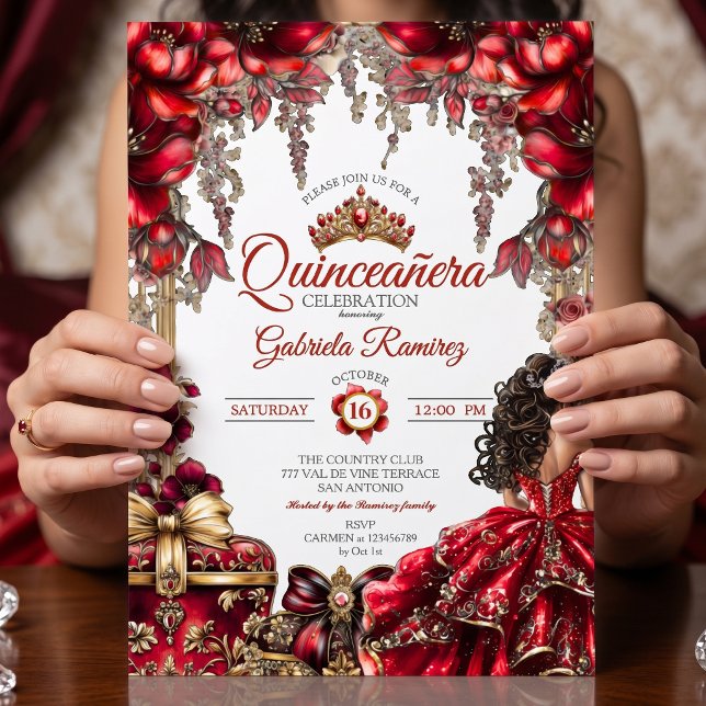 Invitation Couronne de fleurs Rouge Dorée Quinceañera (Créateur téléchargé)