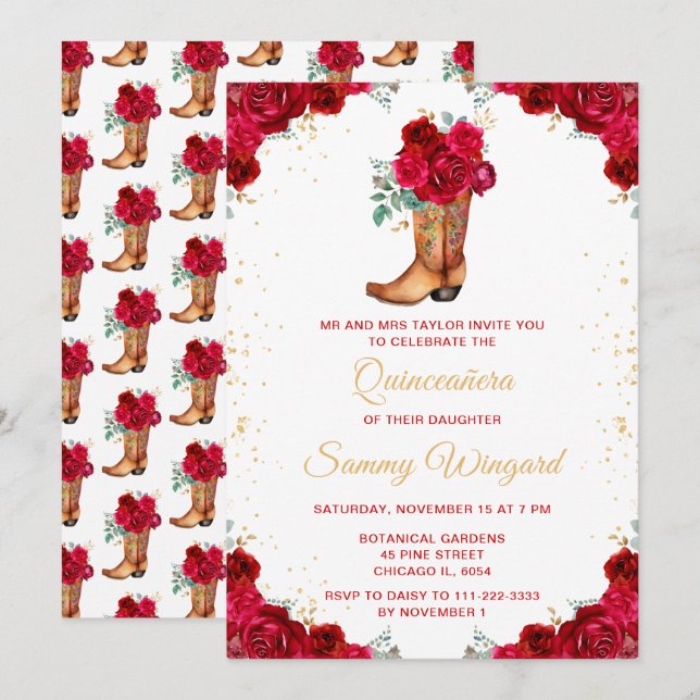 Invitation Couronne de fleurs rouges et dorées pour Quinceañe (Devant / Derrière)