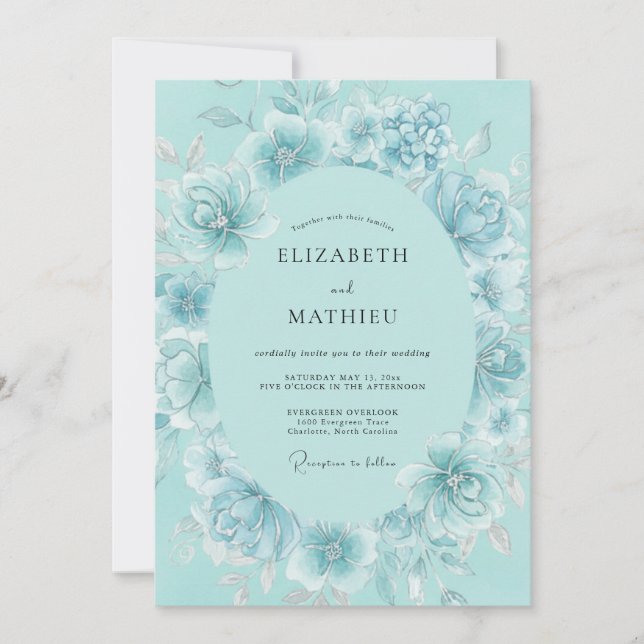 Invitation Couronne de fleurs sarcelle Romance Mariage (Devant)