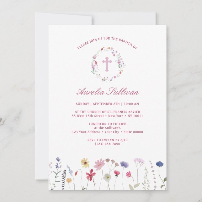 Invitation Couronne de fleurs sauvages de printemps Baptême (Devant)