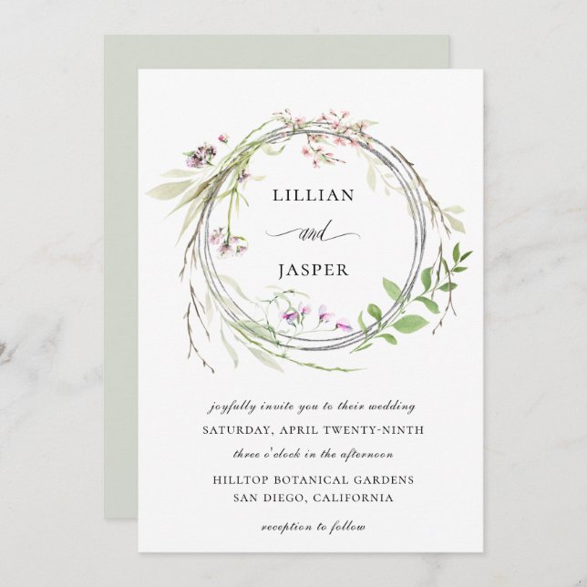 Invitation Couronne de fleurs sauvages élégante pour mariage (Devant / Derrière)