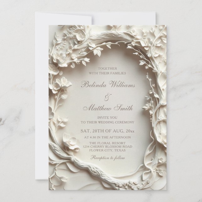 Invitation Couronne de fleurs sculptées blanches Mariage (Devant)