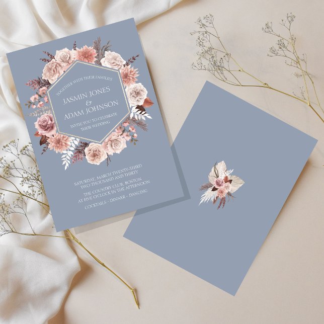 Invitation Couronne de fleurs séchées bleues poussiéreuses Bo (Boho Dusty Blue Dried Flowers Wreath Wedding Invitation)
