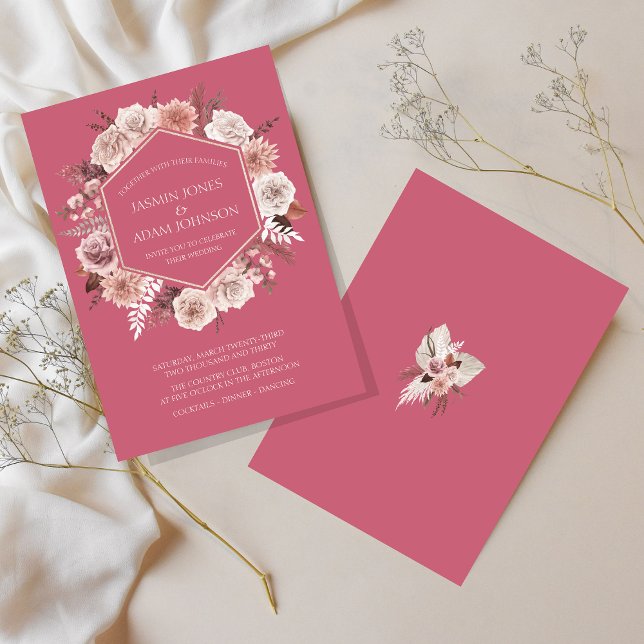 Invitation Couronne de fleurs séchées rose magenta Boho pour  (Boho Magenta Pink Dried Flowers Wreath Wedding Invitation)