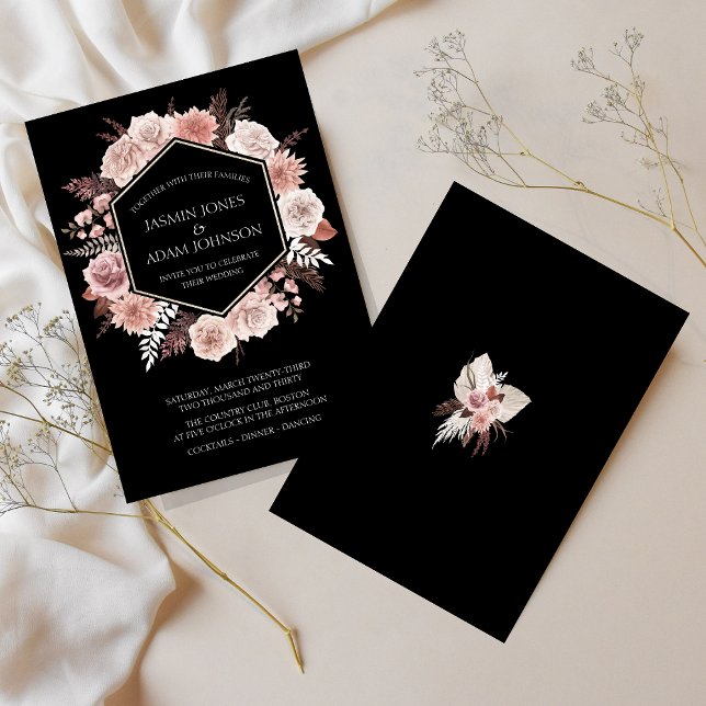 Invitation Couronne de fleurs séchées rose poussiéreuse noire (Boho Black Dusty Pink Dried Flowers Wreath Wedding Invitation)