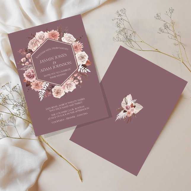 Invitation Couronne de fleurs séchées violettes Bohème pour m (Boho Purple Dried Flowers Wreath Wedding Invitation)
