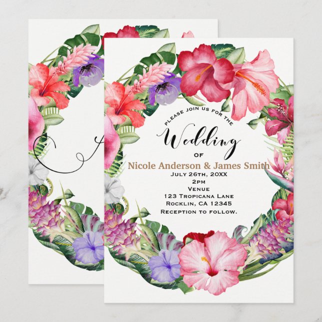 Invitation Couronne de fleurs tropicales Aloha pour mariage e (Devant / Derrière)