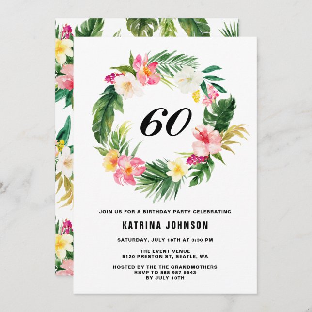 Invitation Couronne de fleurs tropicales aquarelle Fête d'ann (Devant / Derrière)