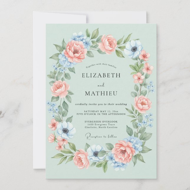 Invitation Couronne de fleurs vert menthe pour mariage (Devant)