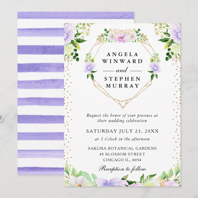 Invitation Couronne de fleurs violettes et crème en forme de  (Devant / Derrière)