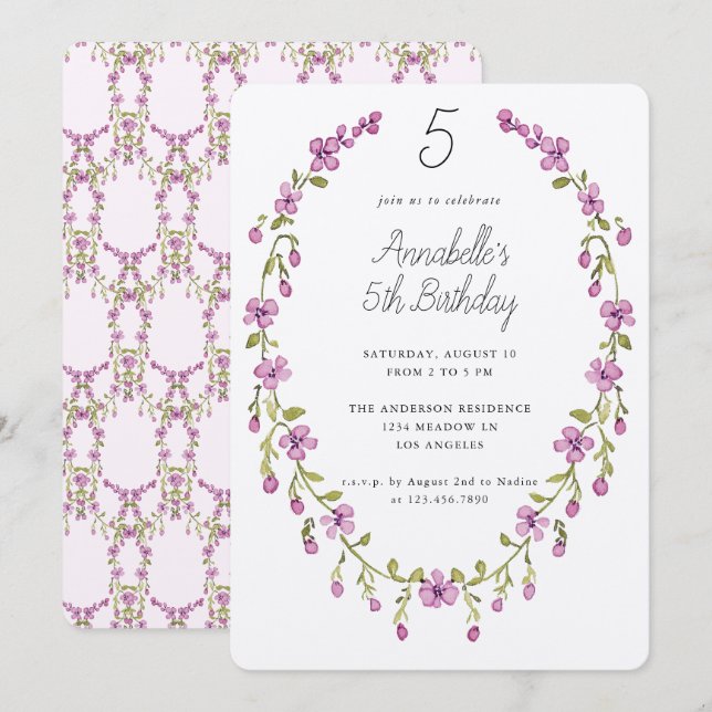 Invitation Couronne de fleurs violettes Fête d'anniversaire d (Devant / Derrière)